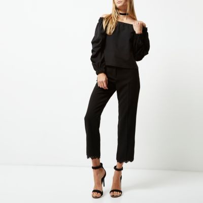 Black ruched sleeve bardot top